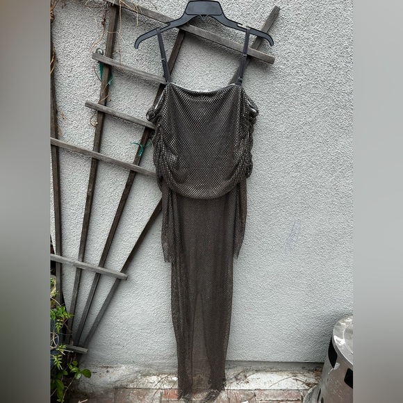 H&M Studio 2023 Rhinestone-Embellished Off-the-Shoulder Dress Charcoal gray/gold - Picture 15 of 16